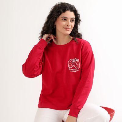 Women's Bright Cherry Red Crew Neck Casual Sweatshirt