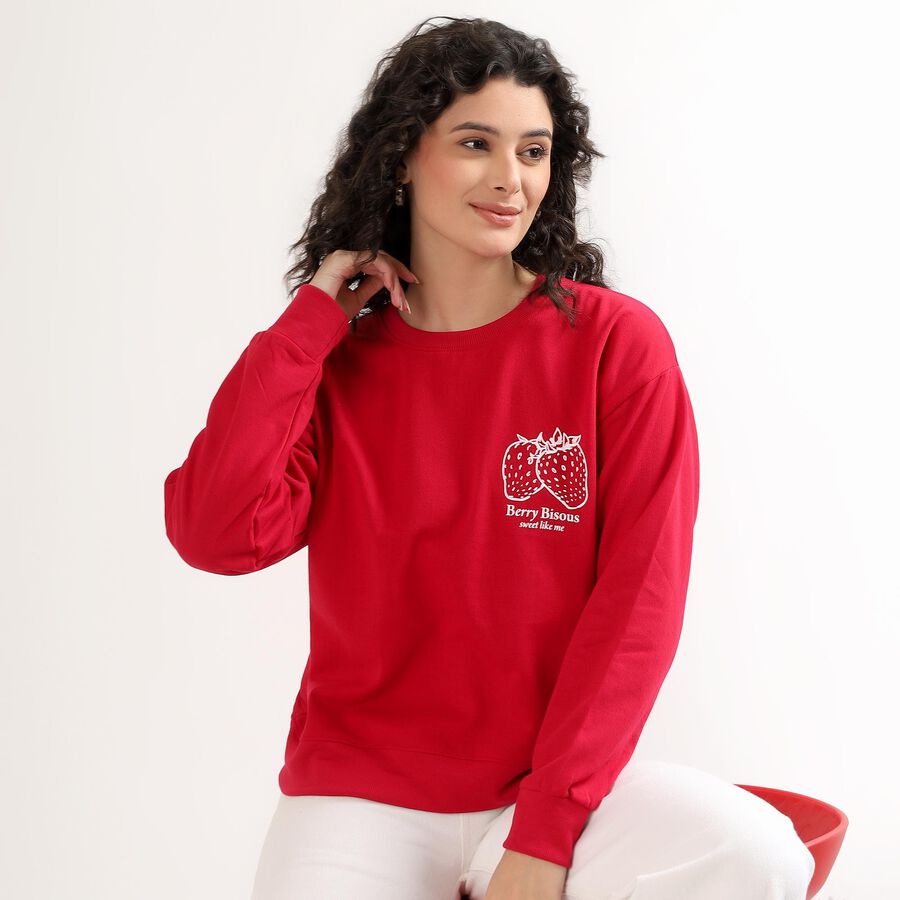 Women's Bright Cherry Red Crew Neck Casual Sweatshirt, Fuchsia, large image number null