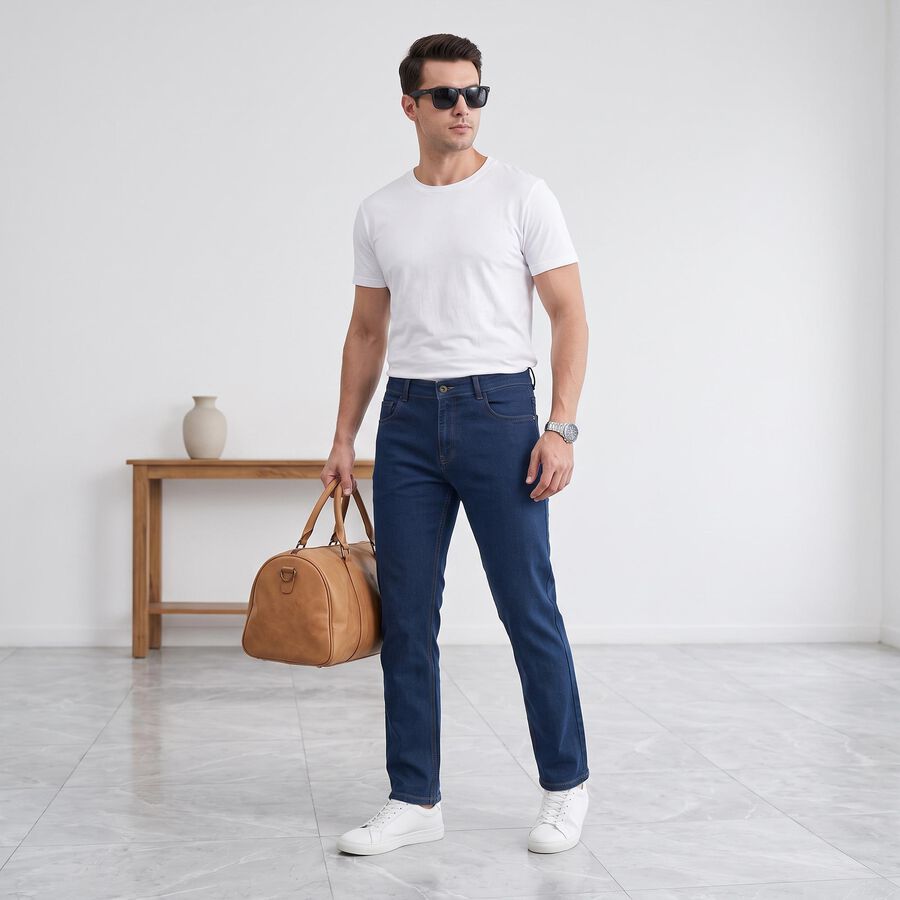 Men's Navy Blue Slim Fit Faded Jeans, मध्यम नीला, large