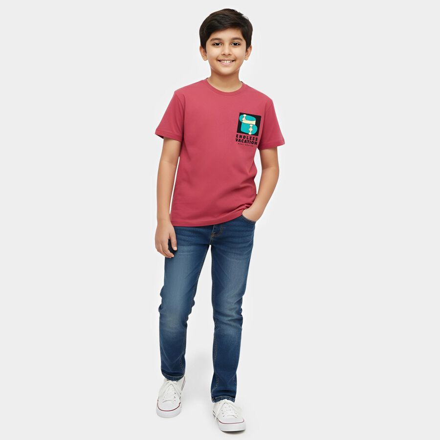 Boys Pink Cotton Round Neck Casual T-Shirt, Pink, large