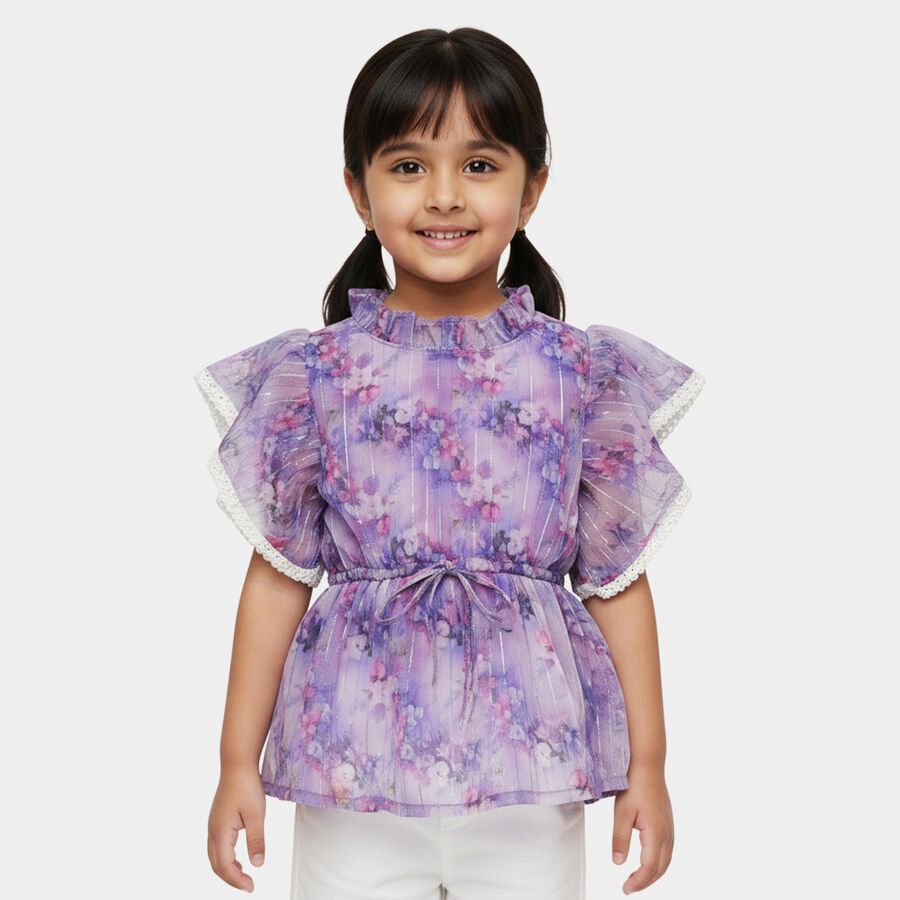 Girls' Purple Ruffle Neck Floral Romantic T-Shirt, Lilac, large