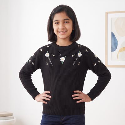 Girls Black Crew Neck Embroidered Pullover