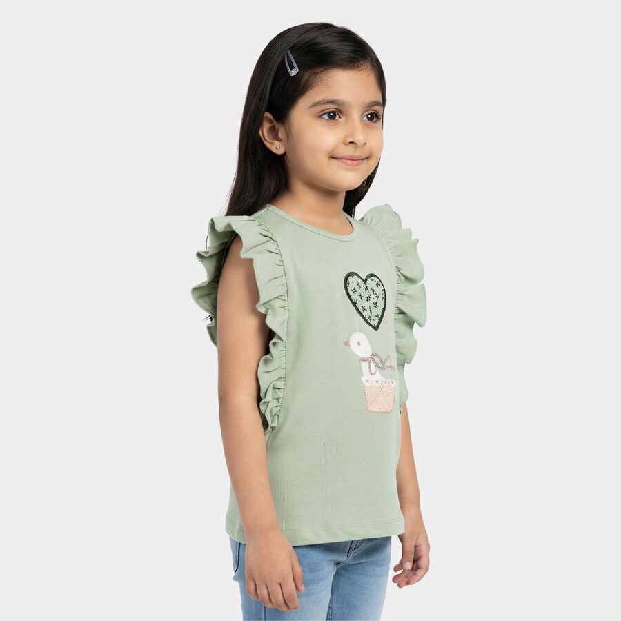 Girls' Mint Green Cotton Round Neck Graphic Print T-Shirt, Light Green, large