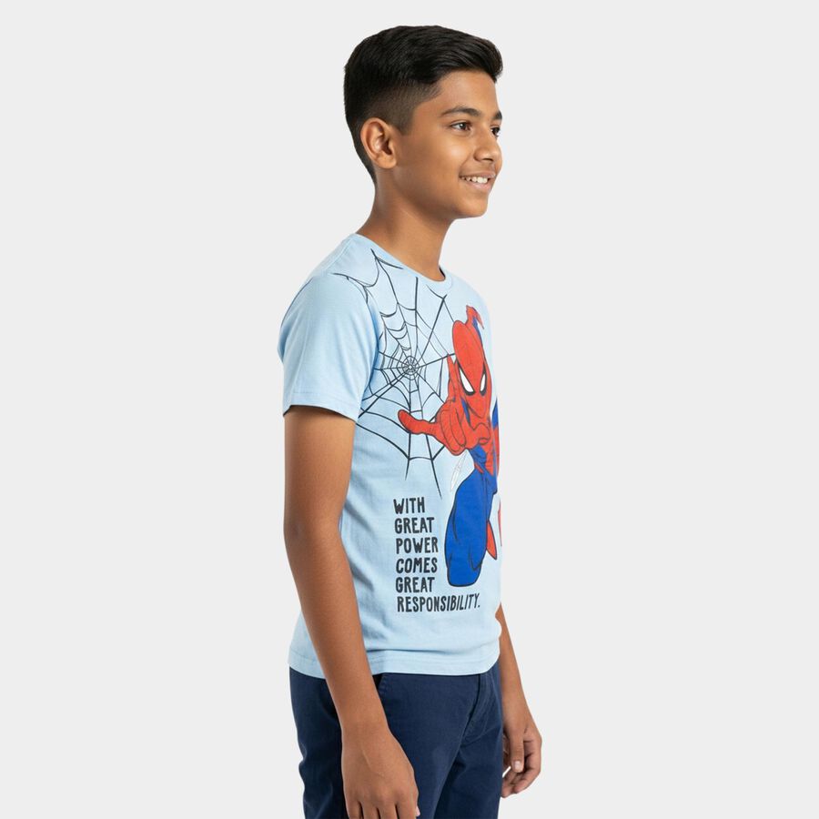 Boys Blue Cotton Round Neck Casual T-Shirt, Light Blue, large