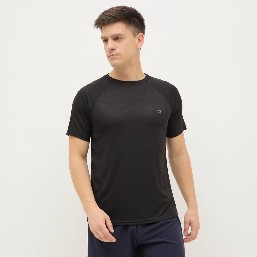 Men's Black Crew Neck Athleisure T-Shirt, काला, large
