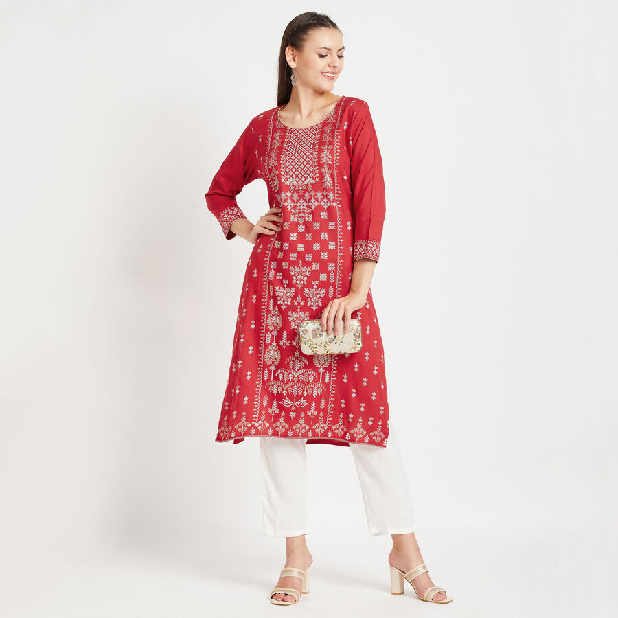 3/4Th Sleeves Straight Kurta, Red, large image number null
