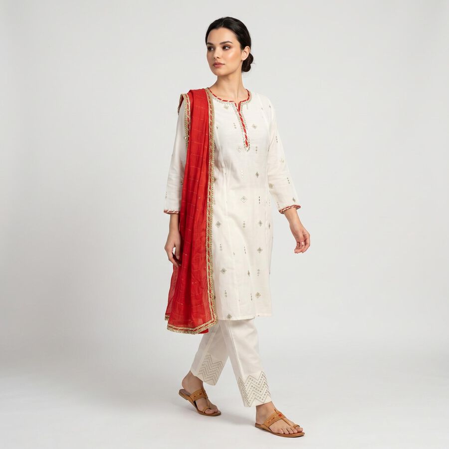 Women's Off White Round Neck Embroidered Straight Kurta, ऑफ व्हाइट, large