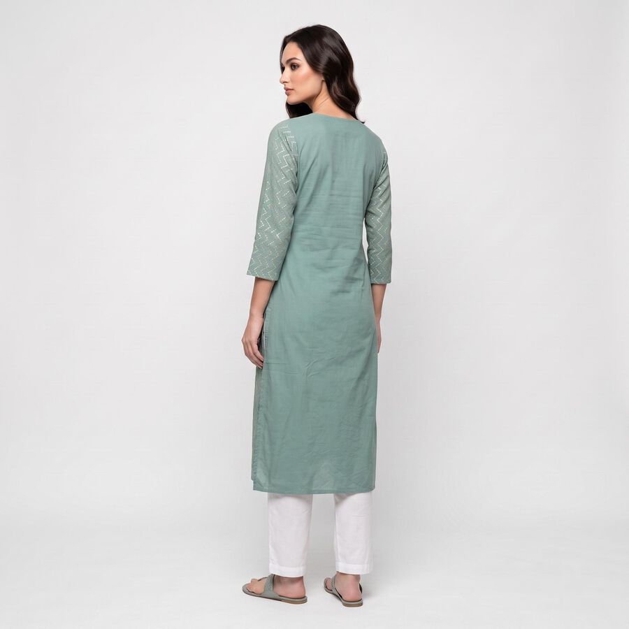 Women's Aqua Green Cotton Notch Neck Embroidered Kurta, Aqua, large