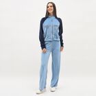 Women's Muted Sky Blue and Deep Navy Velvet Zipper Track Suit, मध्यम नीला, small image number null
