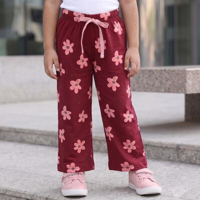 Girls' Wine Straight Fit Floral Printed Pyjama
