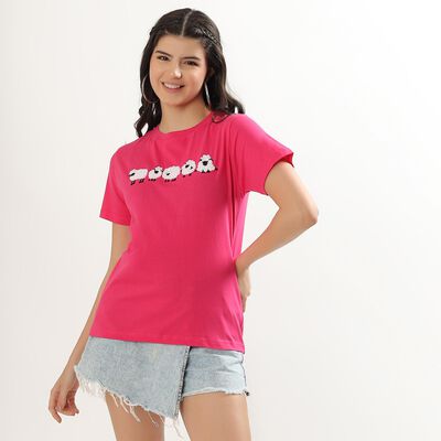 Women's Bright Pink Cotton Round Neck Casual T-Shirt