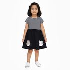 Girls' Black and White Striped Animal Applique Casual Frock, Navy Blue, small image number null