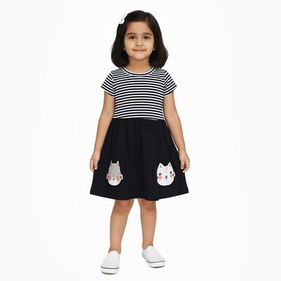 Girls' Black and White Striped Animal Applique Casual Frock