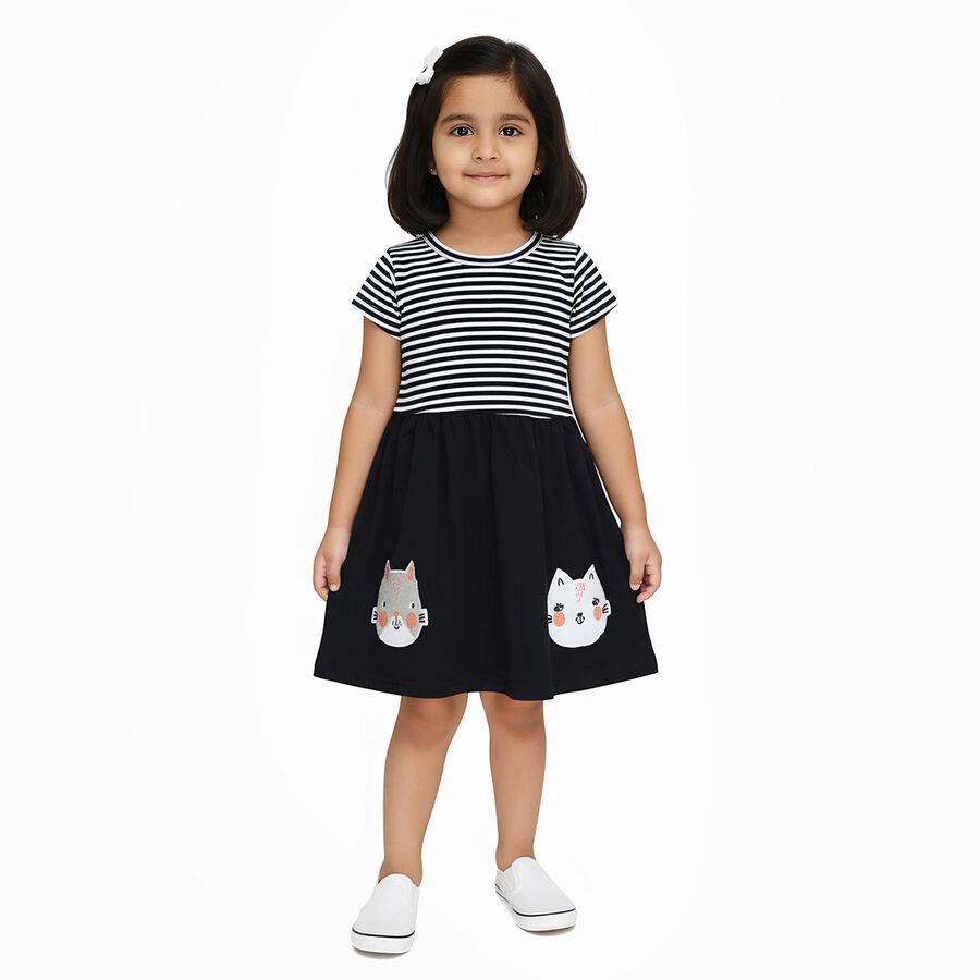 Girls' Black and White Striped Animal Applique Casual Frock, Navy Blue, large image number null