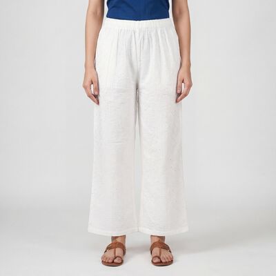 Women's Off White Wide-Leg Solid Palazzos