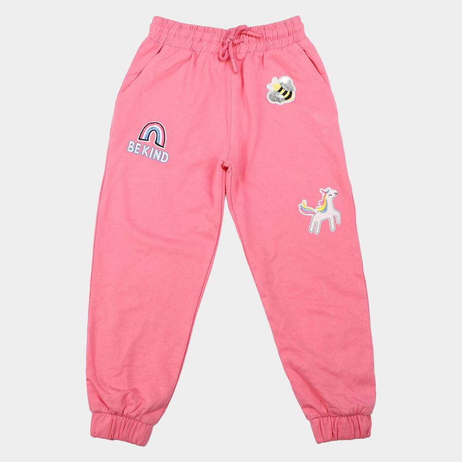 Girls Pink Jogger Fit Graphic Printed Cotton Pyjama, गुलाबी, large
