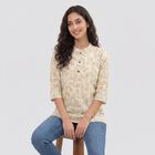 Women's Beige Cotton Mandarin Collar Printed Kurti, Beige, small