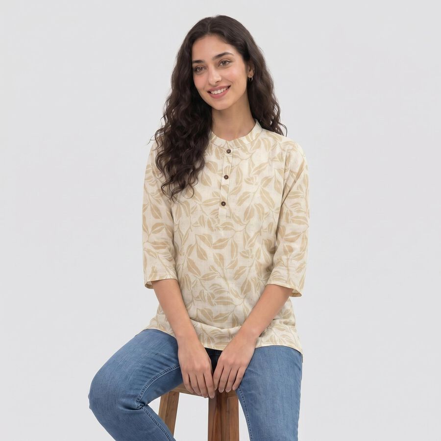 Women's Beige Cotton Mandarin Collar Printed Kurti, Beige, large