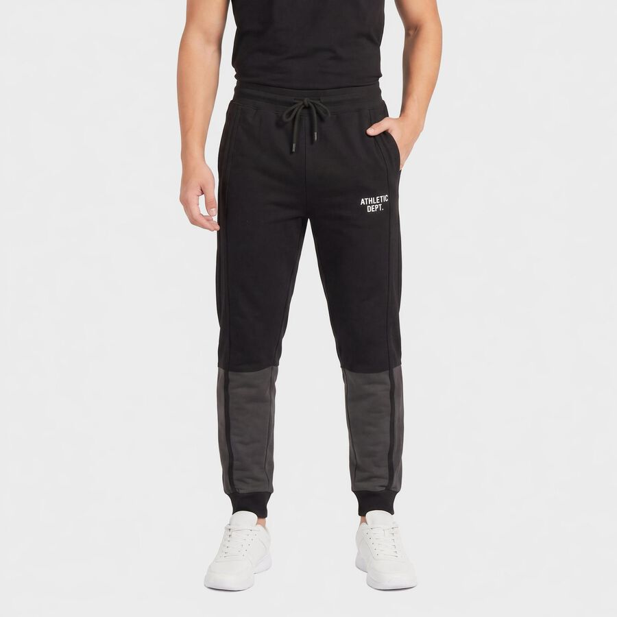 Men's Black Jogger Fit Panelled Track Pants, काला, large