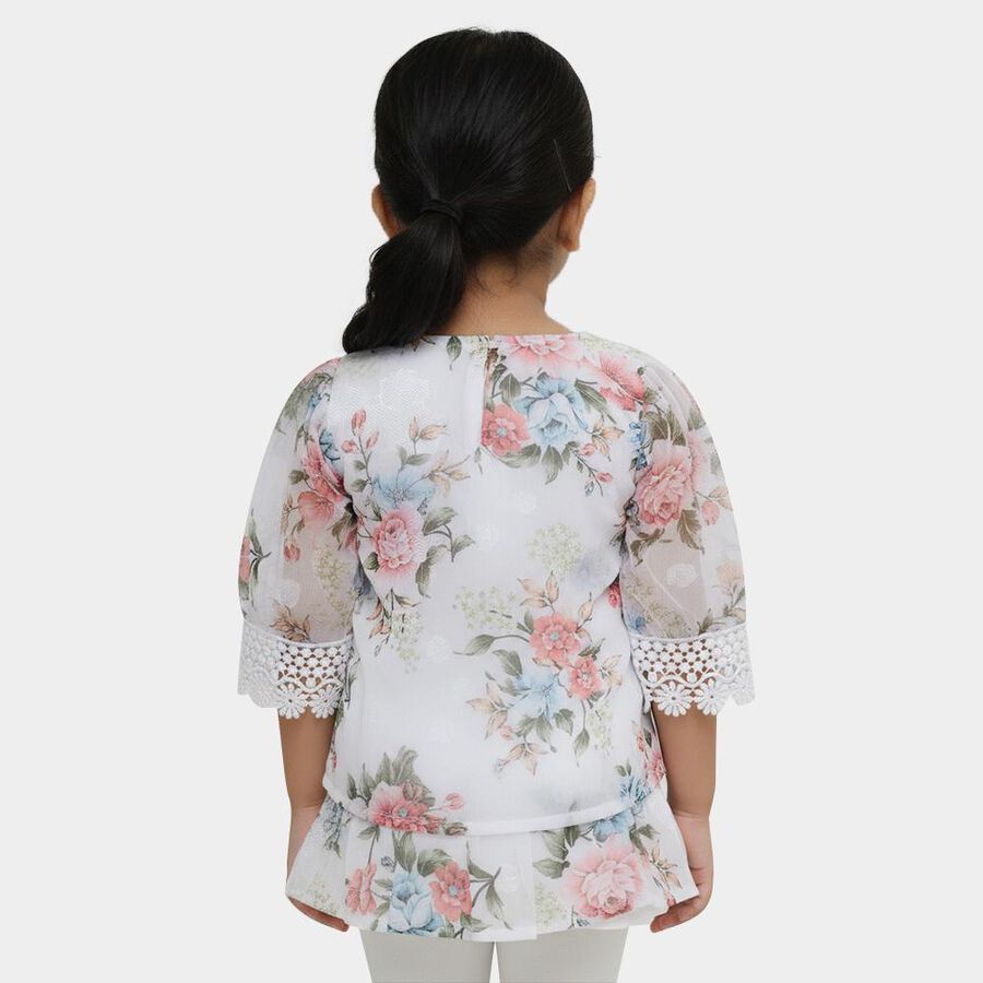 Girls White Round Neck Romantic Floral T-Shirt, White, large