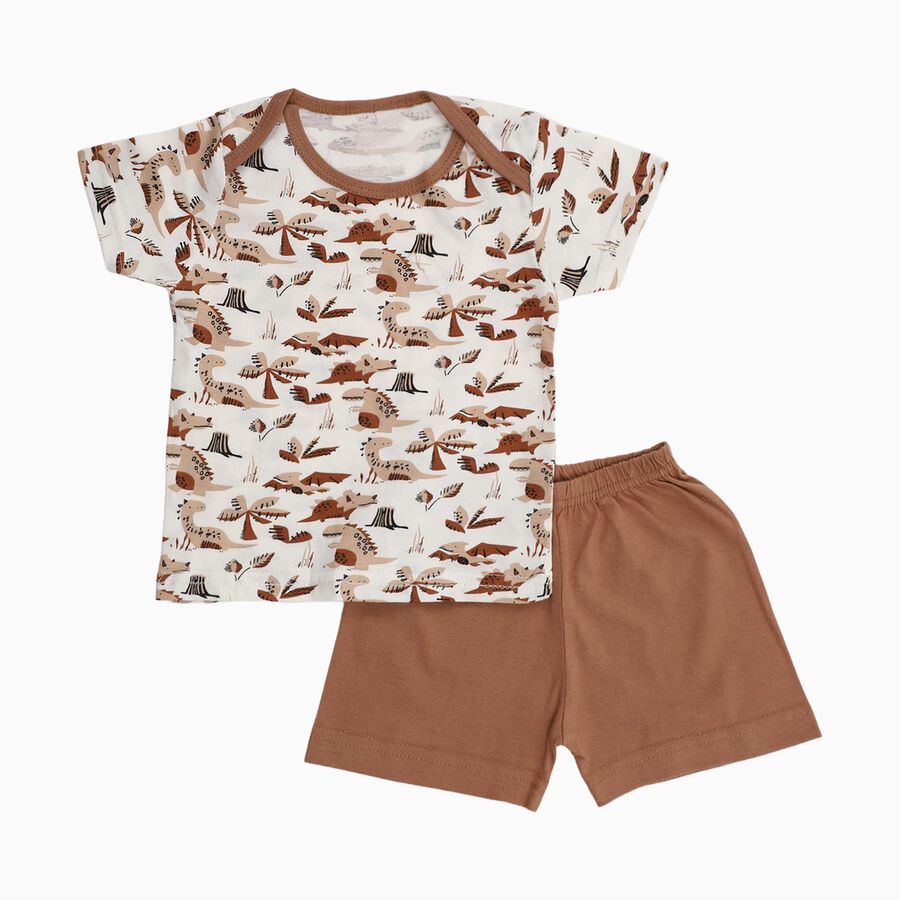 Infants' Beige Cotton Round Neck Printed Baba Suit, Beige, large image number null