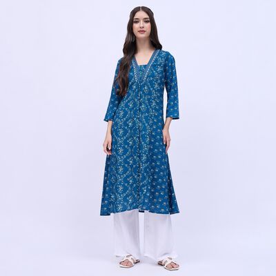 Women's Deep Peacock Blue V-Neck Floral Printed Kurta