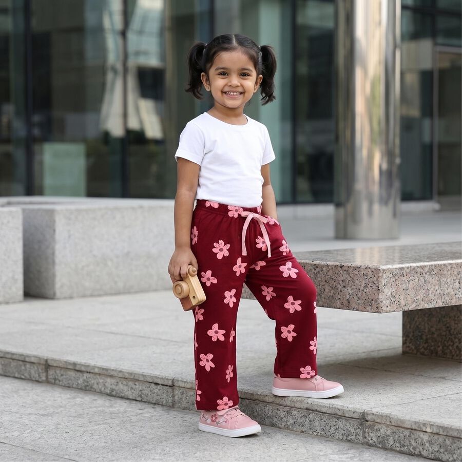 Girls' Wine Straight Fit Floral Printed Pyjama, वाइन, large