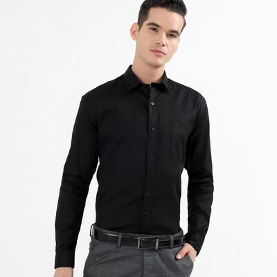 Men's Jet Black Cotton Spread Collar Casual Shirt