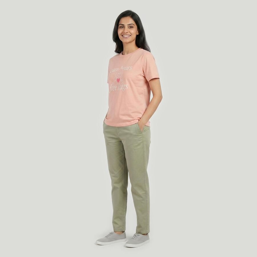 Women's Pink Round Neck Graphic Print Regular T-Shirt, Light Pink, large