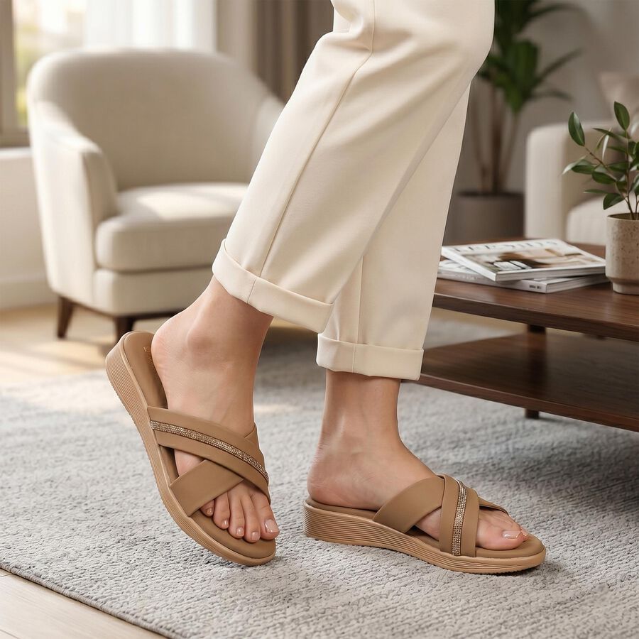 Women's Beige Embellished Slip-On Slide Sandals, Beige, large