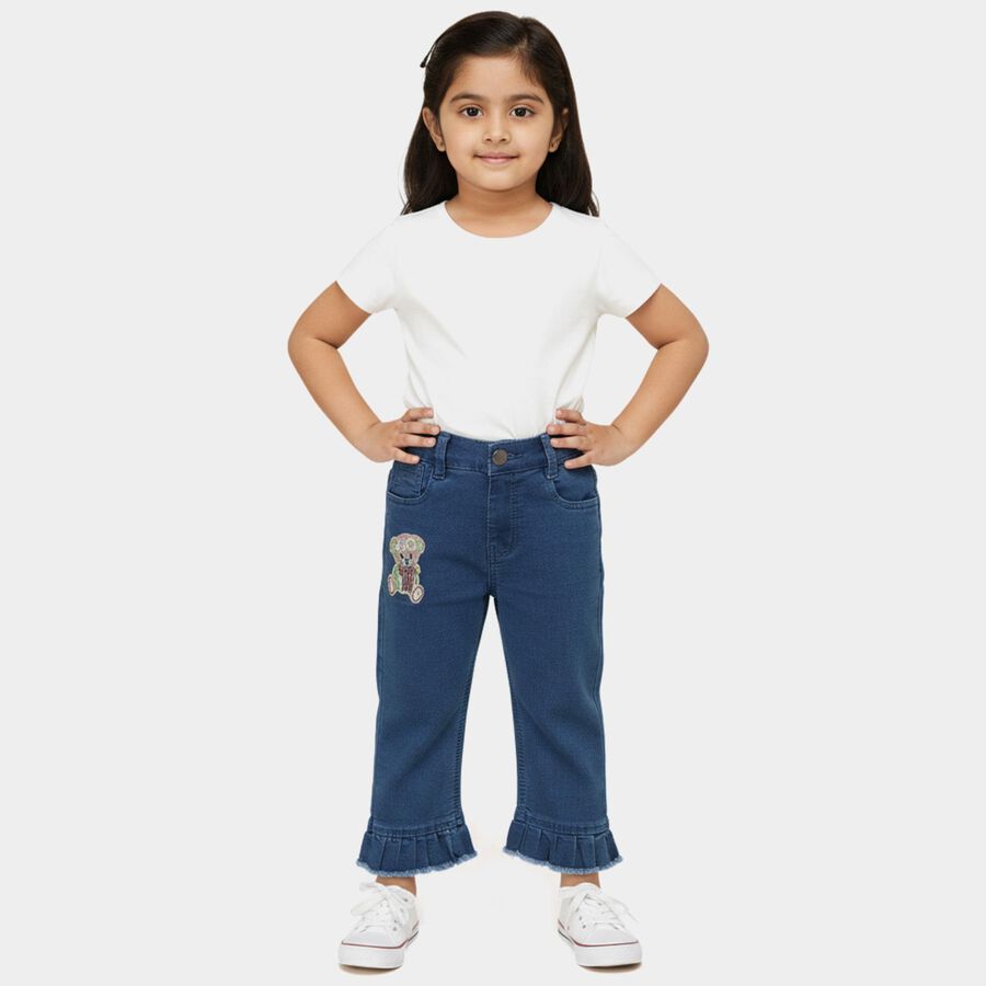 Girls' Navy Blue Regular Fit Ruffled Hem Embroidered Jeans, Mid Blue, large