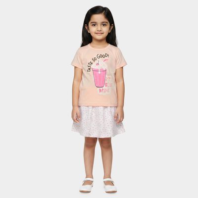 Girls Light Pink Round Neck Co-ord Set Upper and Bottom Set