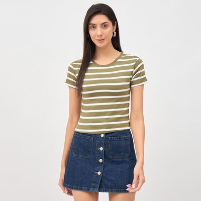 Women's Olive Green Round Neck Crop Top