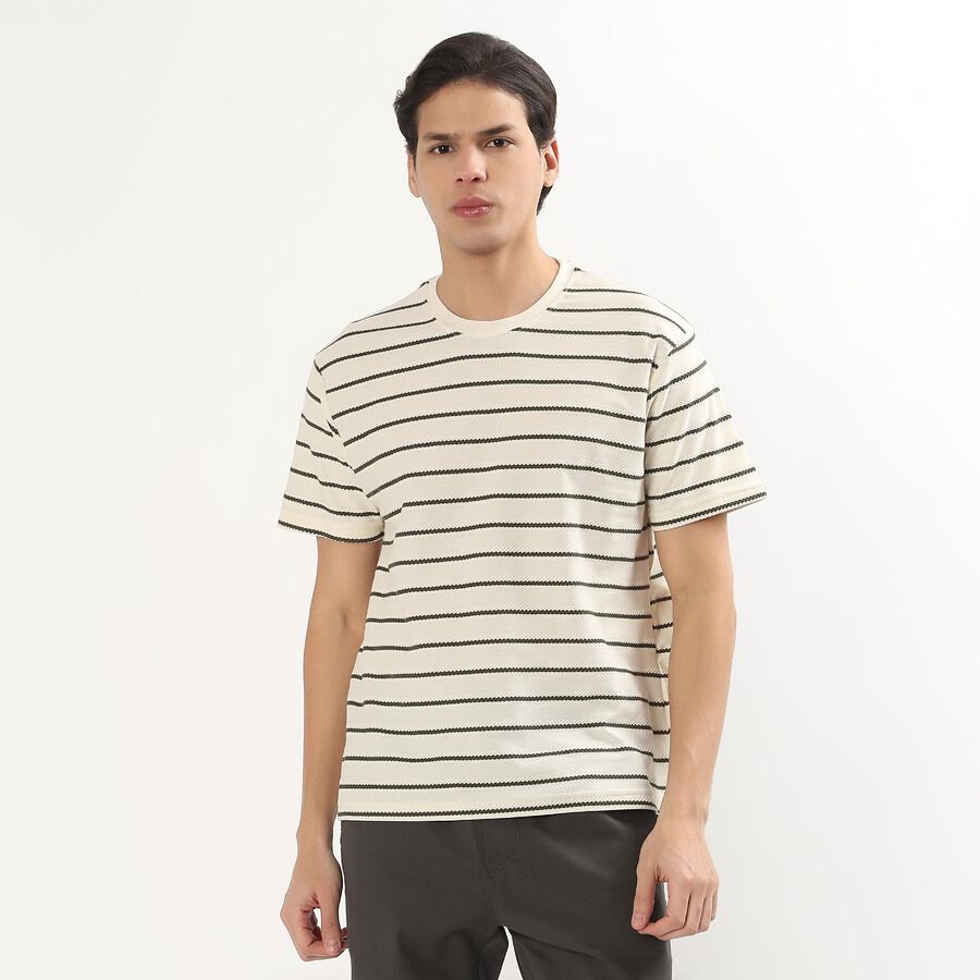 Men's Off White Round Neck Casual T-Shirt, Off White, large