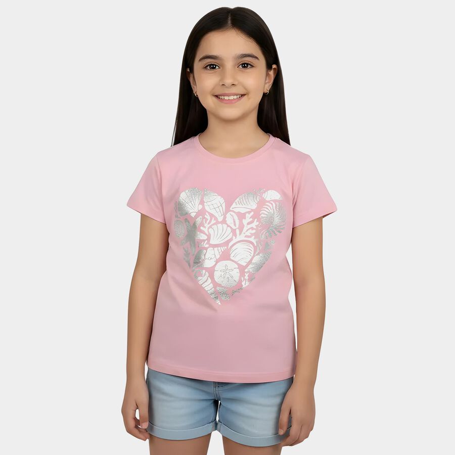 Girls Pink Round Neck Casual Printed T-Shirt, गुलाबी, large