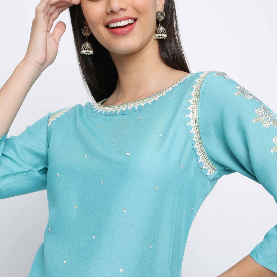 Embroidered Flared 3/4th Sleeves Kurta, Mid Blue, large image number null