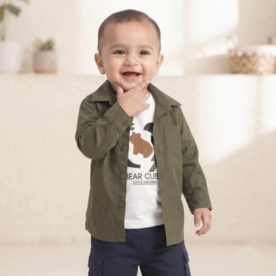 Infants' Olive Green Cotton Regular Fit Shirt, Olive, large