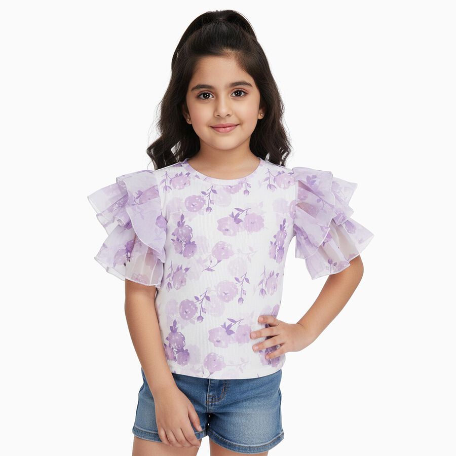 Girls' Soft Lavender Purple Round Neck Casual Floral Printed T-Shirt, लाइलेक, large