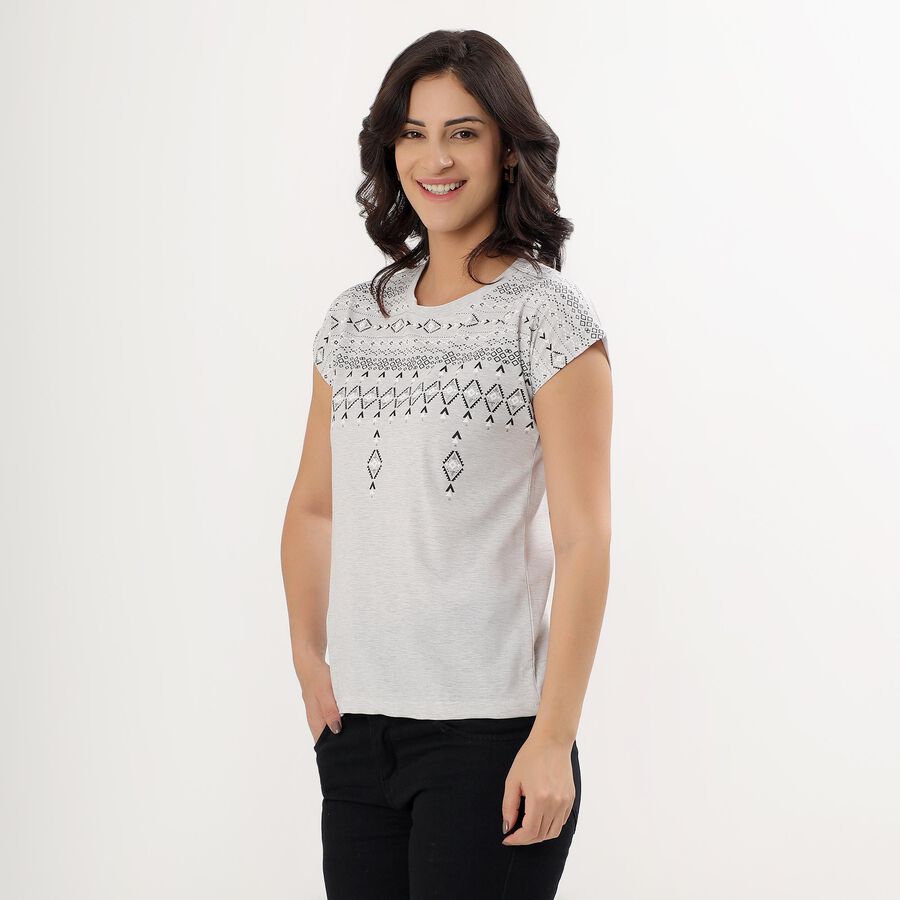 Ladies Light Grey Round Neck Geometric Print T-Shirt, Ecru Melange, large image number null