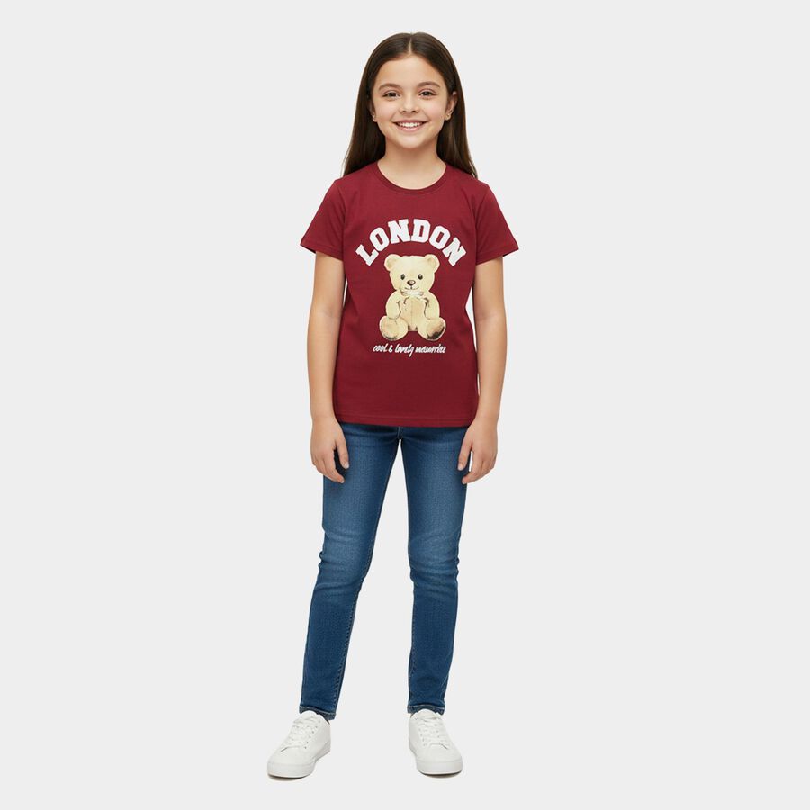 Girls Maroon Cotton Crew Neck Casual T-Shirt, वाइन, large