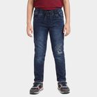 Boys' Blue Slim Fit Printed Jeans, Mid Blue, small