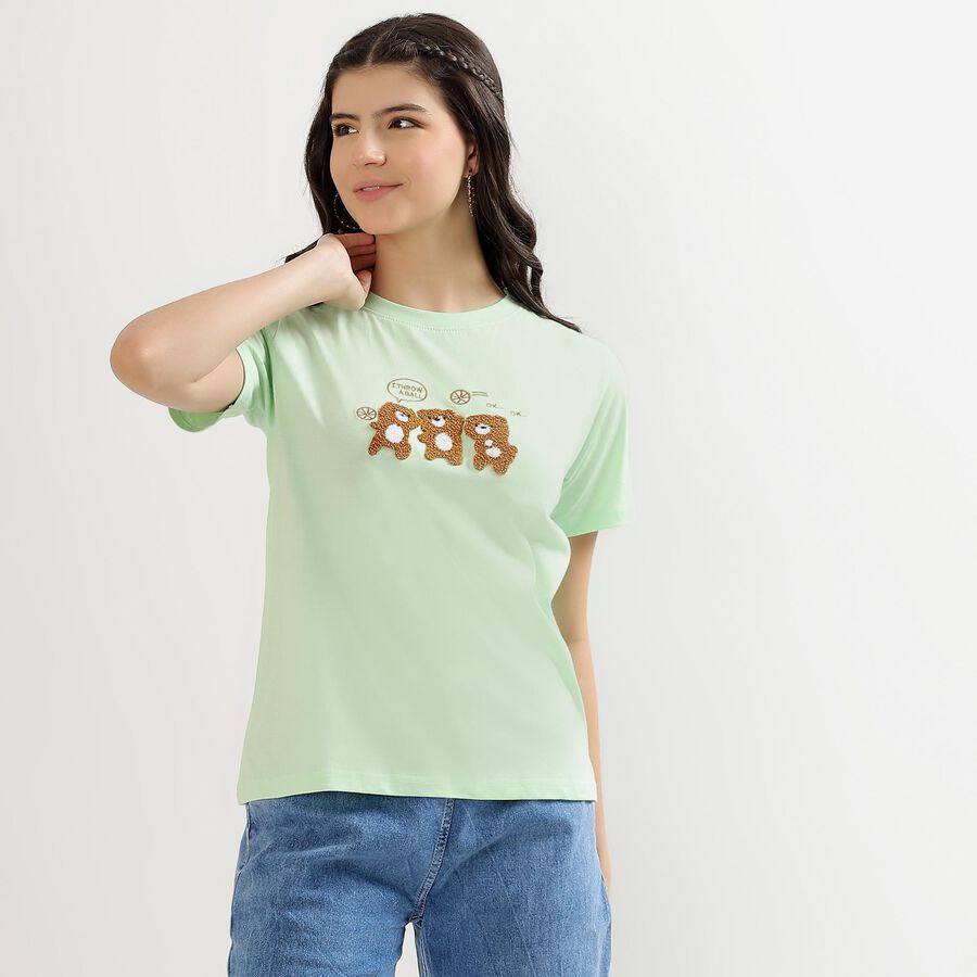 Women's Mint Green Cotton Round Neck T-Shirt, Light Green, large image number null