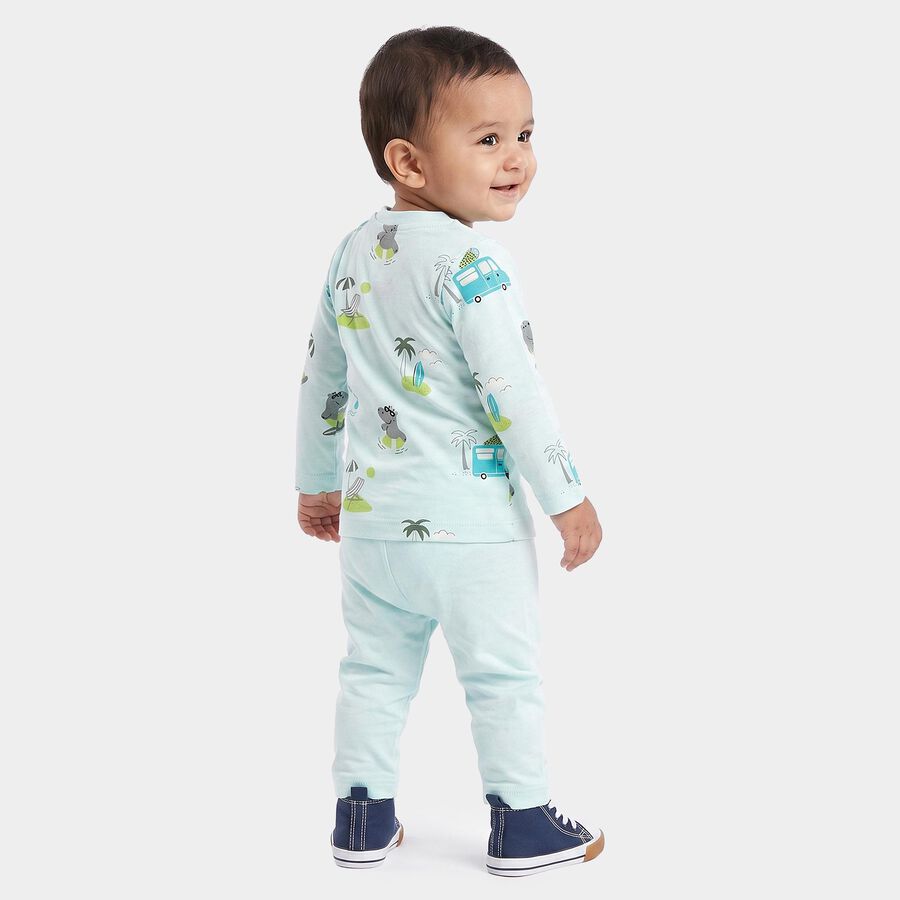 Infants' Aqua Cotton Round Neck Graphic Print Baba Suit, Aqua, large