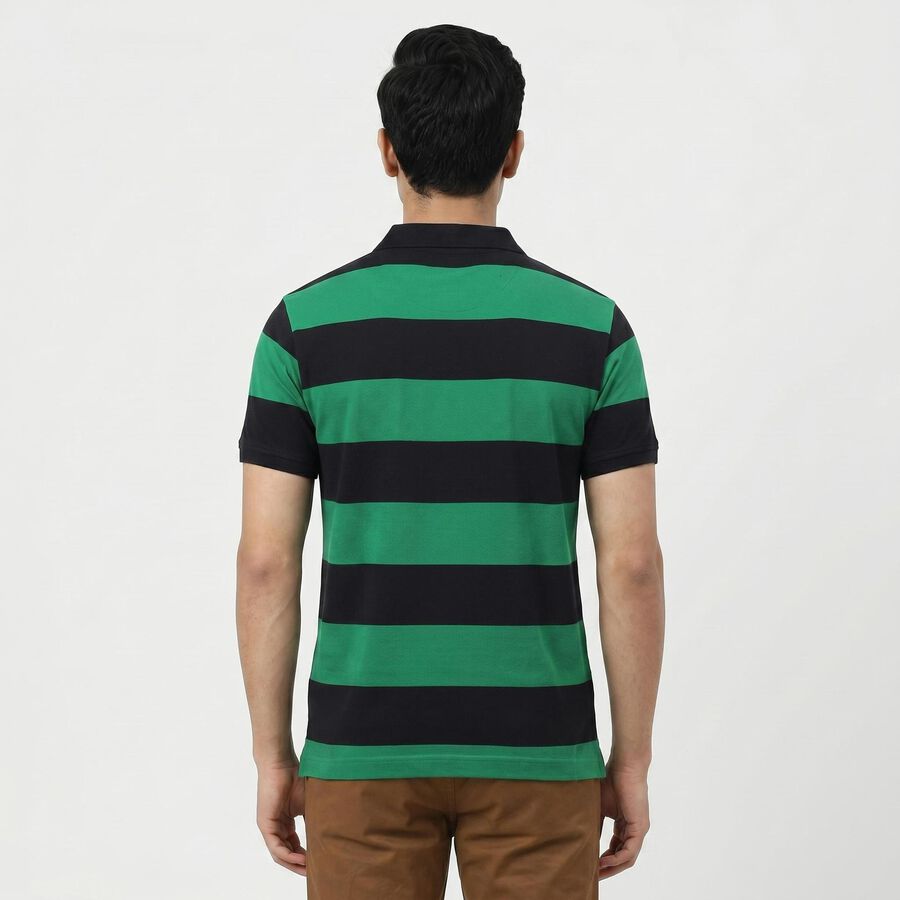 Men Green Polo Neck Striped T-Shirt, Dark Green, large