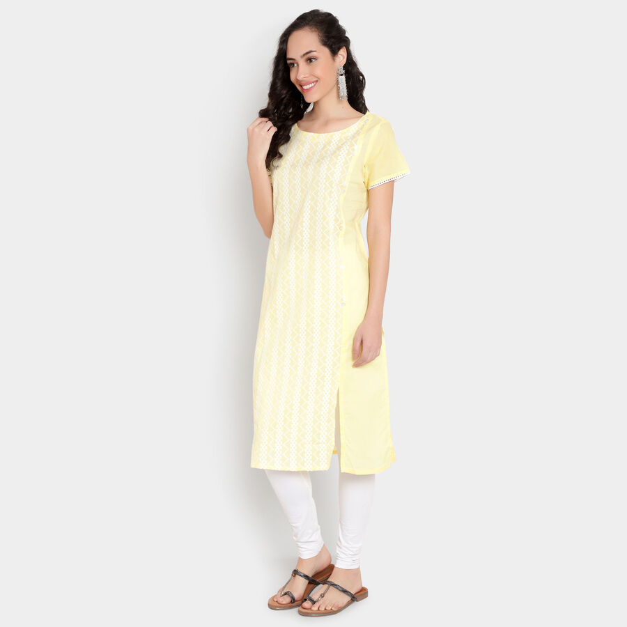 Cotton Embroidered Short Sleeves Kurta, Yellow, large image number null