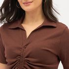 Women's Brown Cotton Collared Casual Crop Top, भूरा, small