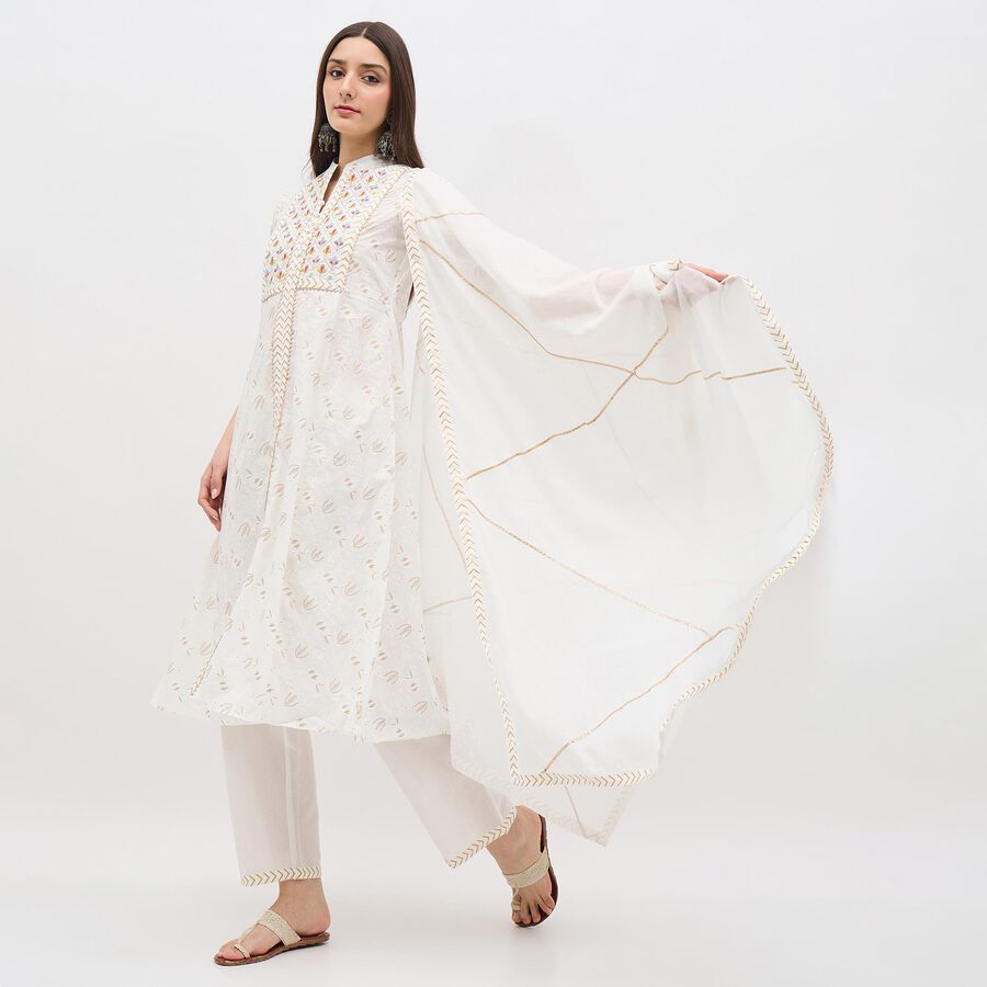 Women's White Cotton Notch Neck Embroidered Kurta, Off White, large image number null