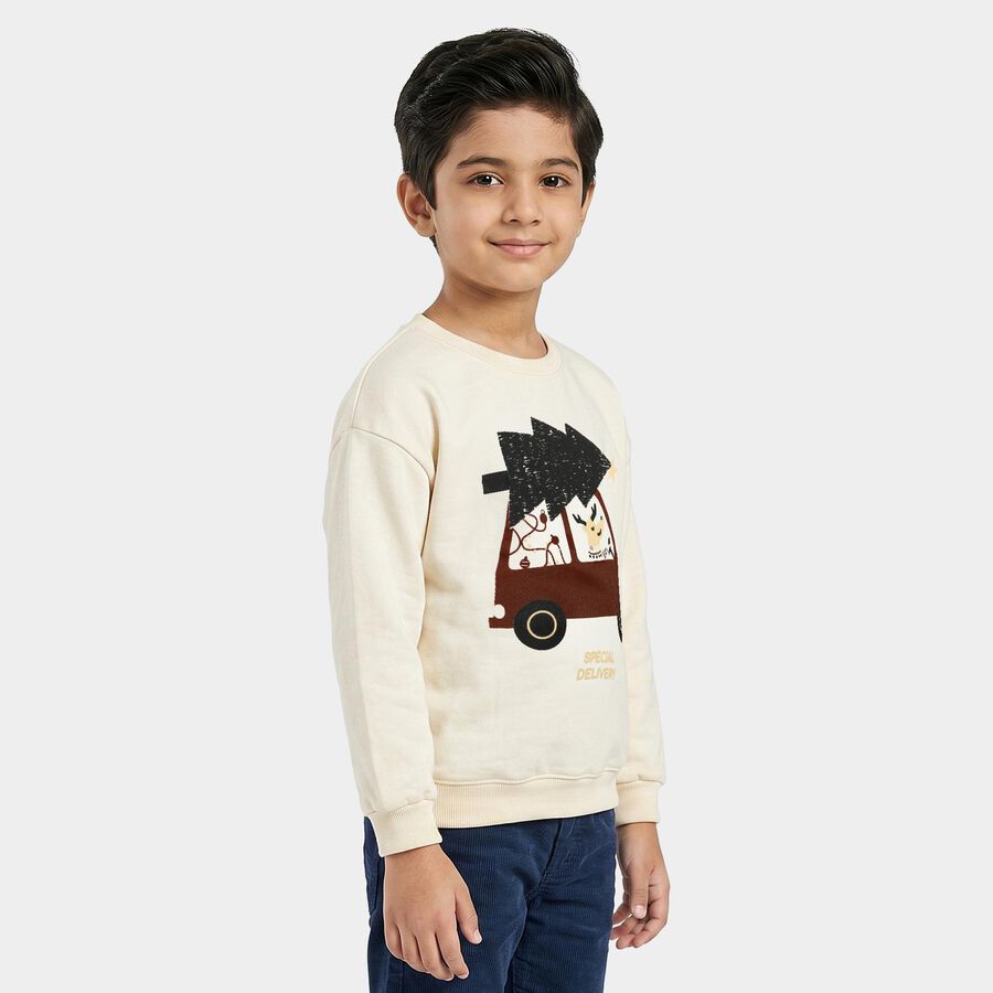 Boys Off White Round Neck Pullover Sweatshirt, ऑफ व्हाइट, large