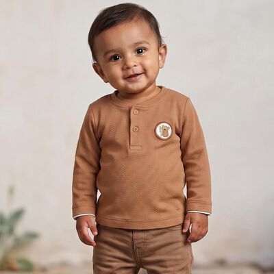 Infants Beige Cotton Round Neck Regular T-Shirt