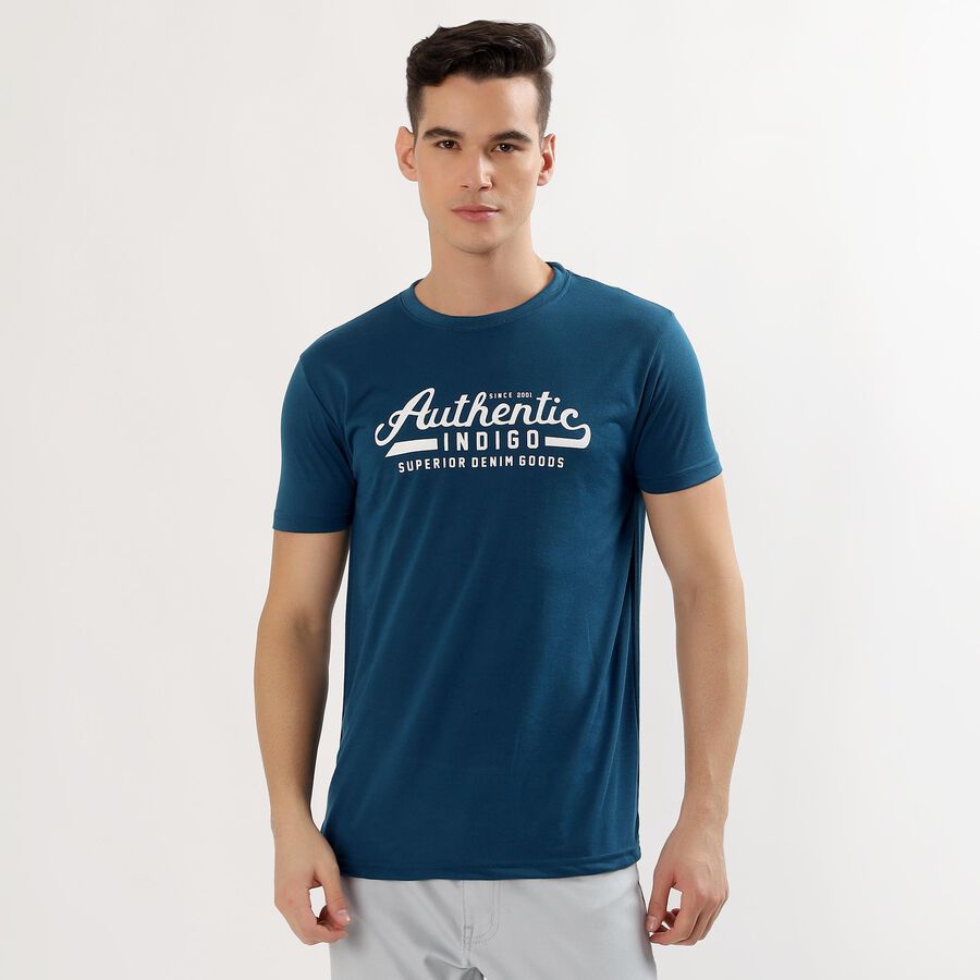 Men's Deep Midnight Navy Blue Round Neck Graphic T-Shirt, Navy Blue, large image number null